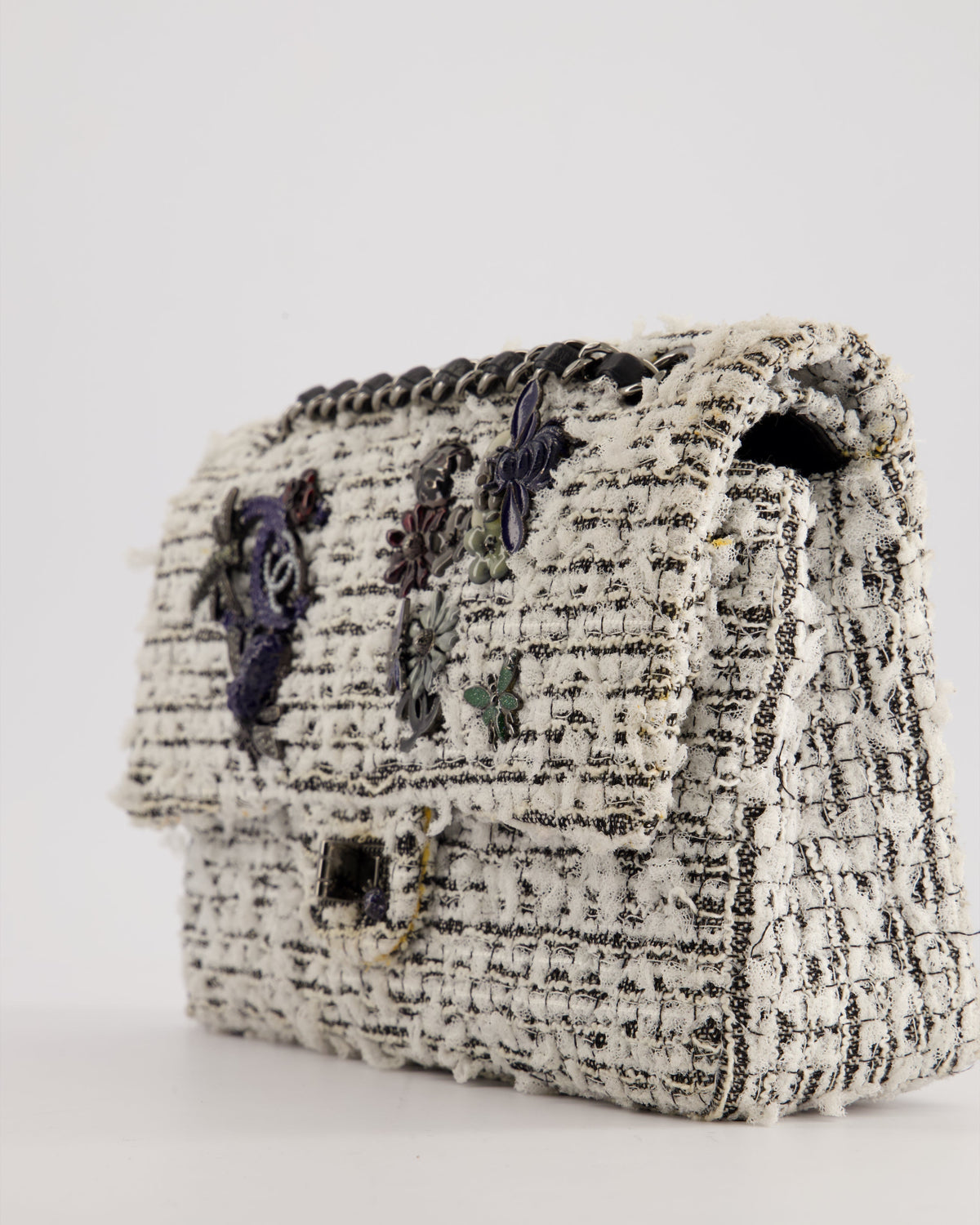 Chanel White and Black Tweed Medium Reissue Double Flap Bag with Embellished Detail and Gun-Metal Hardware RRP ¬£8,180