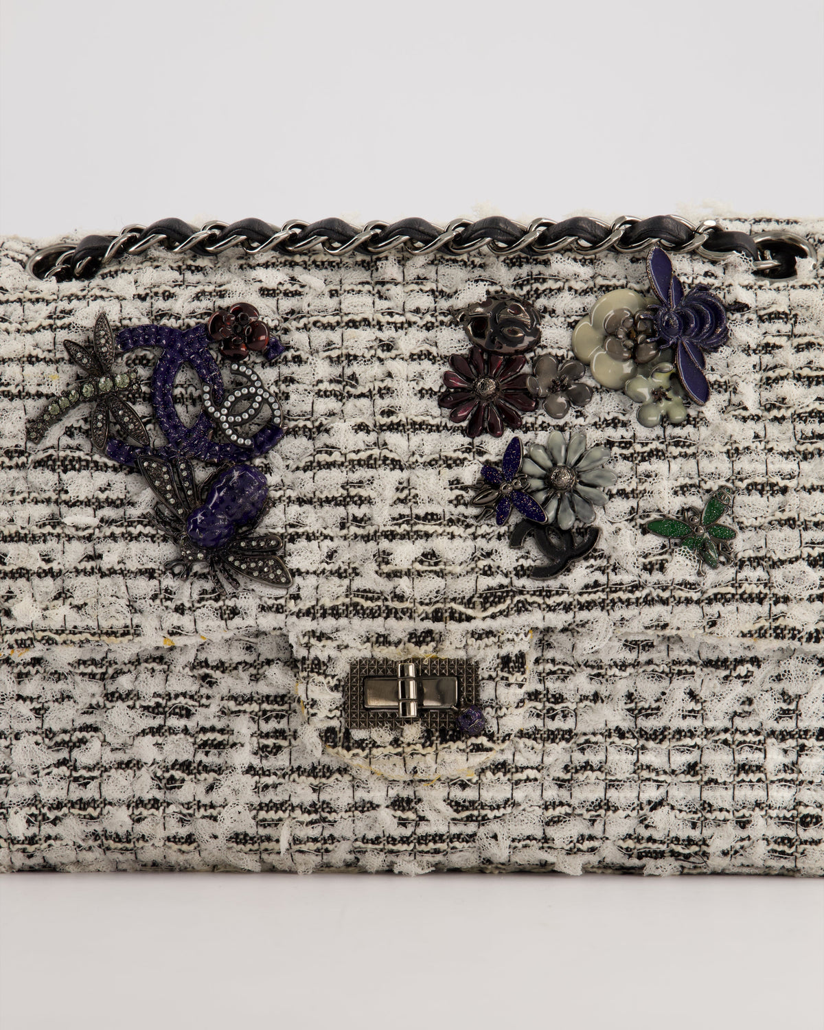 Chanel White and Black Tweed Medium Reissue Double Flap Bag with Embellished Detail and Gun-Metal Hardware RRP ¬£8,180