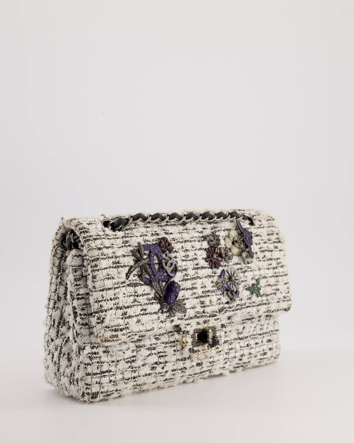 Chanel White and Black Tweed Medium Reissue Double Flap Bag with Embellished Detail and Gun-Metal Hardware RRP ¬£8,180