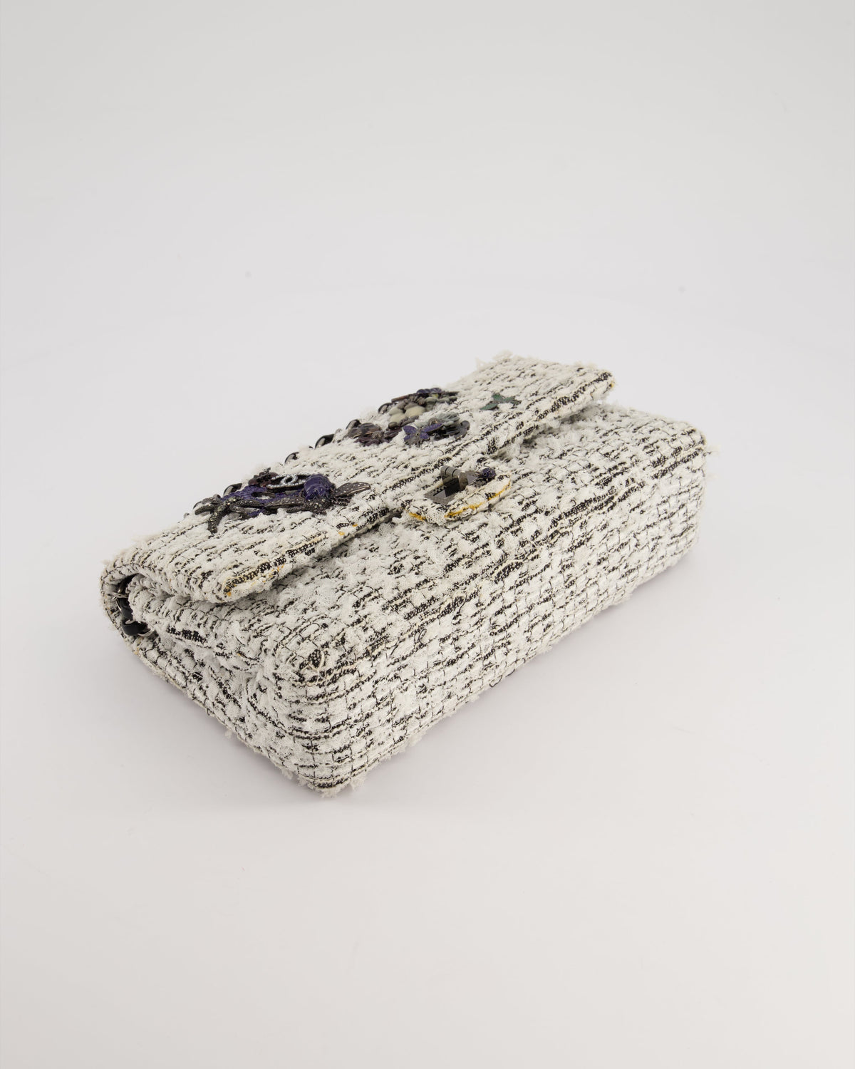 Chanel White and Black Tweed Medium Reissue Double Flap Bag with Embellished Detail and Gun-Metal Hardware RRP ¬£8,180