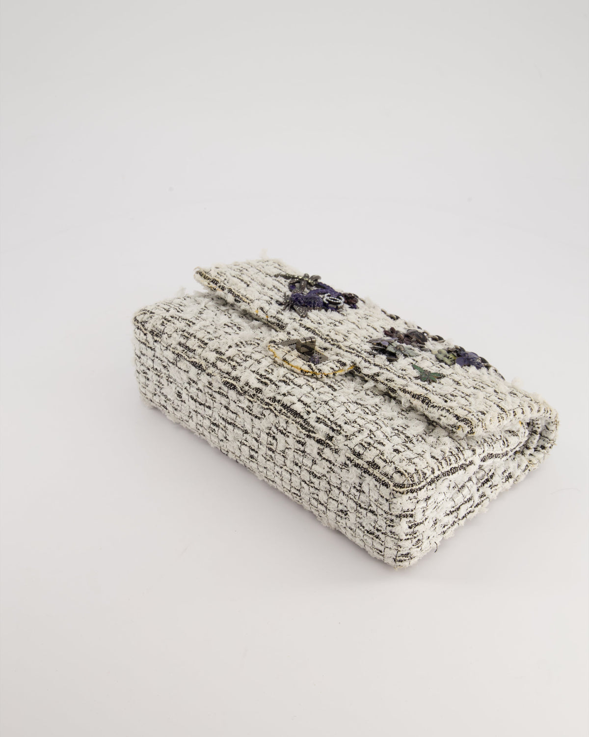 Chanel White and Black Tweed Medium Reissue Double Flap Bag with Embellished Detail and Gun-Metal Hardware RRP ¬£8,180