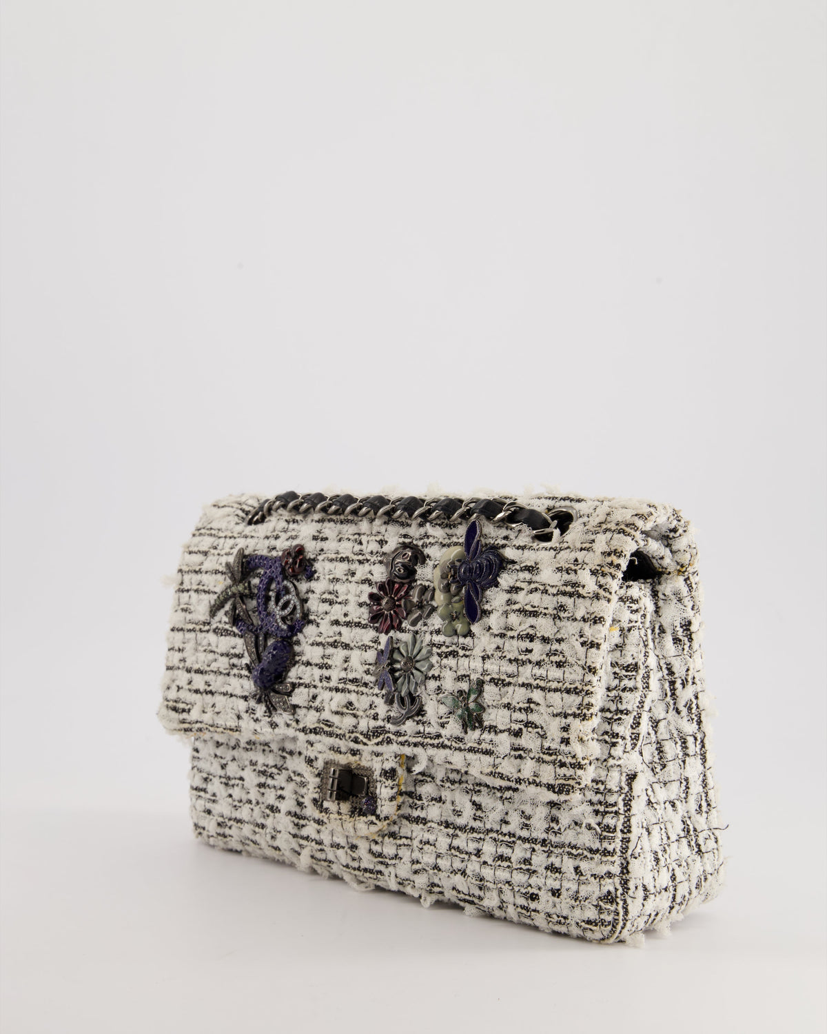Chanel White and Black Tweed Medium Reissue Double Flap Bag with Embellished Detail and Gun-Metal Hardware RRP ¬£8,180