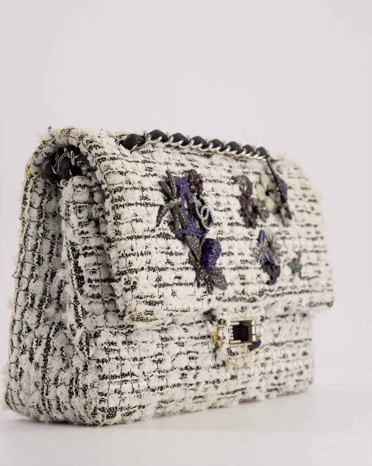 Chanel White and Black Tweed Medium Reissue Double Flap Bag with Embellished Detail and Gun-Metal Hardware RRP ¬£8,180