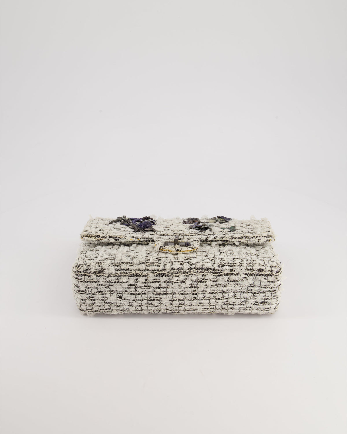 Chanel White and Black Tweed Medium Reissue Double Flap Bag with Embellished Detail and Gun-Metal Hardware RRP ¬£8,180