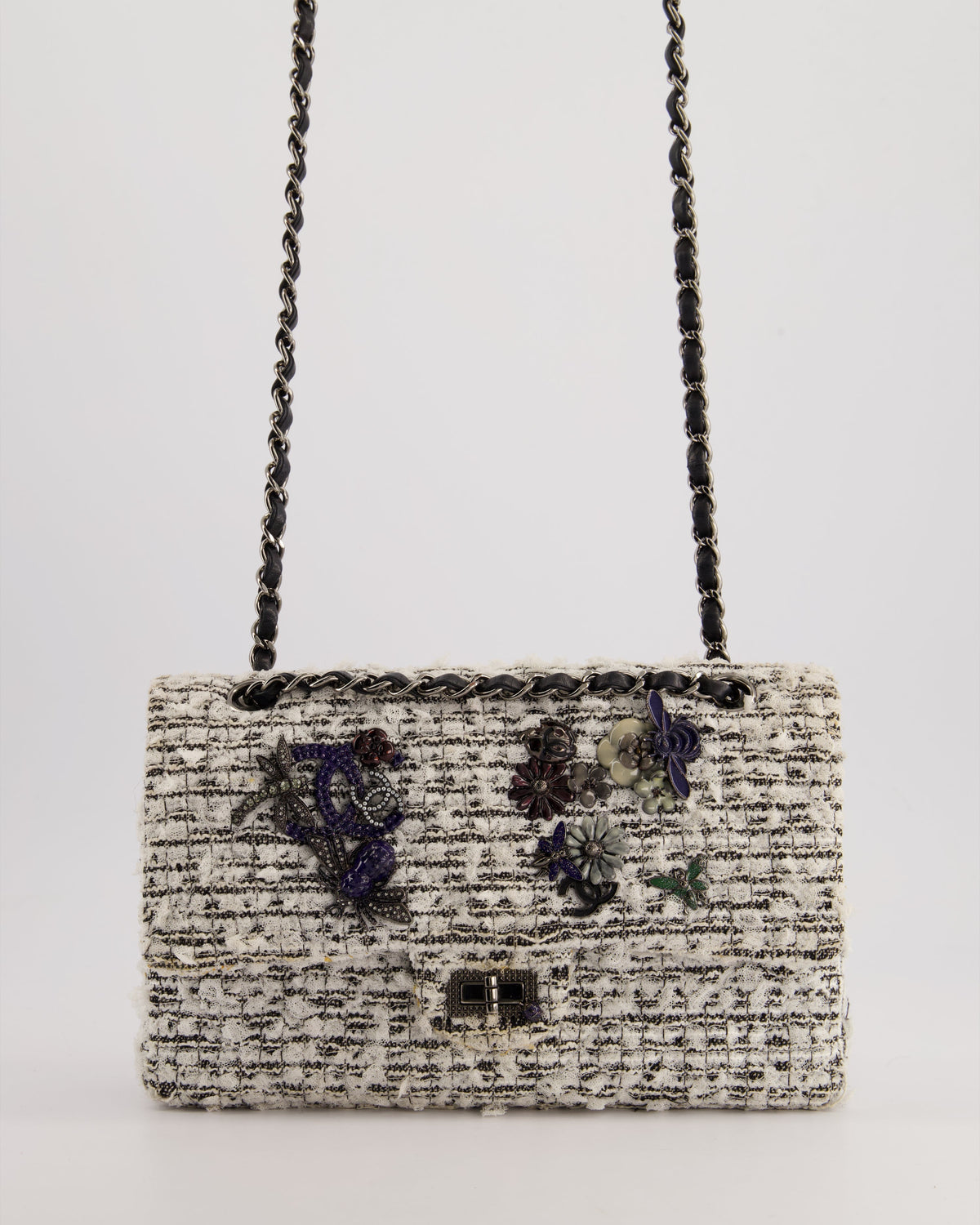 Chanel White and Black Tweed Medium Reissue Double Flap Bag with Embellished Detail and Gun-Metal Hardware RRP ¬£8,180