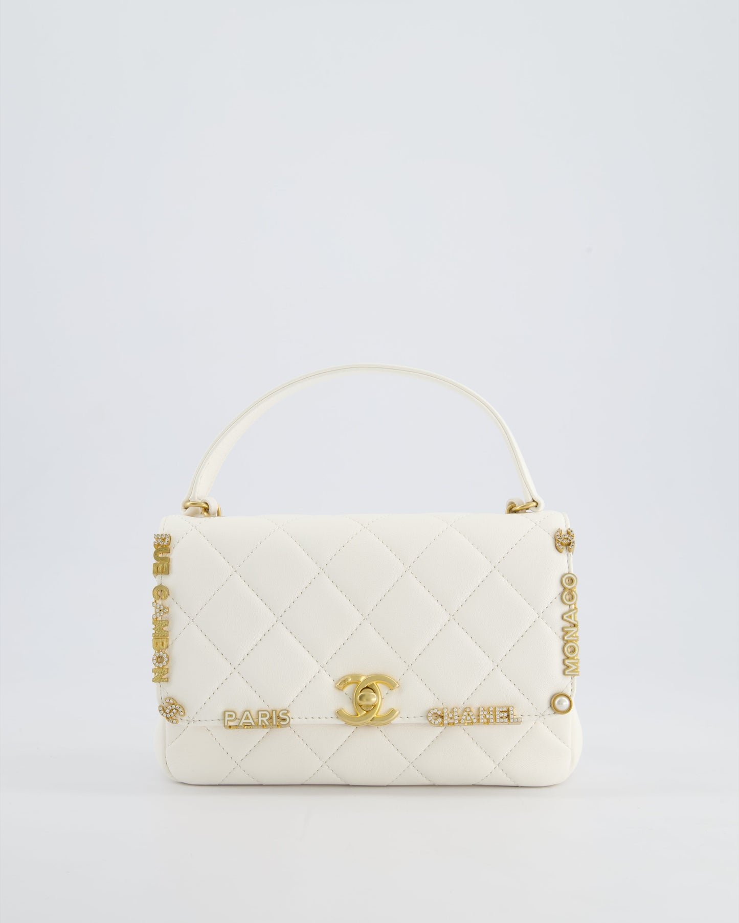 *LIMITED EDITION* Chanel White Paris Monaco Mini Single Flap Bag with Black Interior, Crystal Details and Brushed Gold Hardware