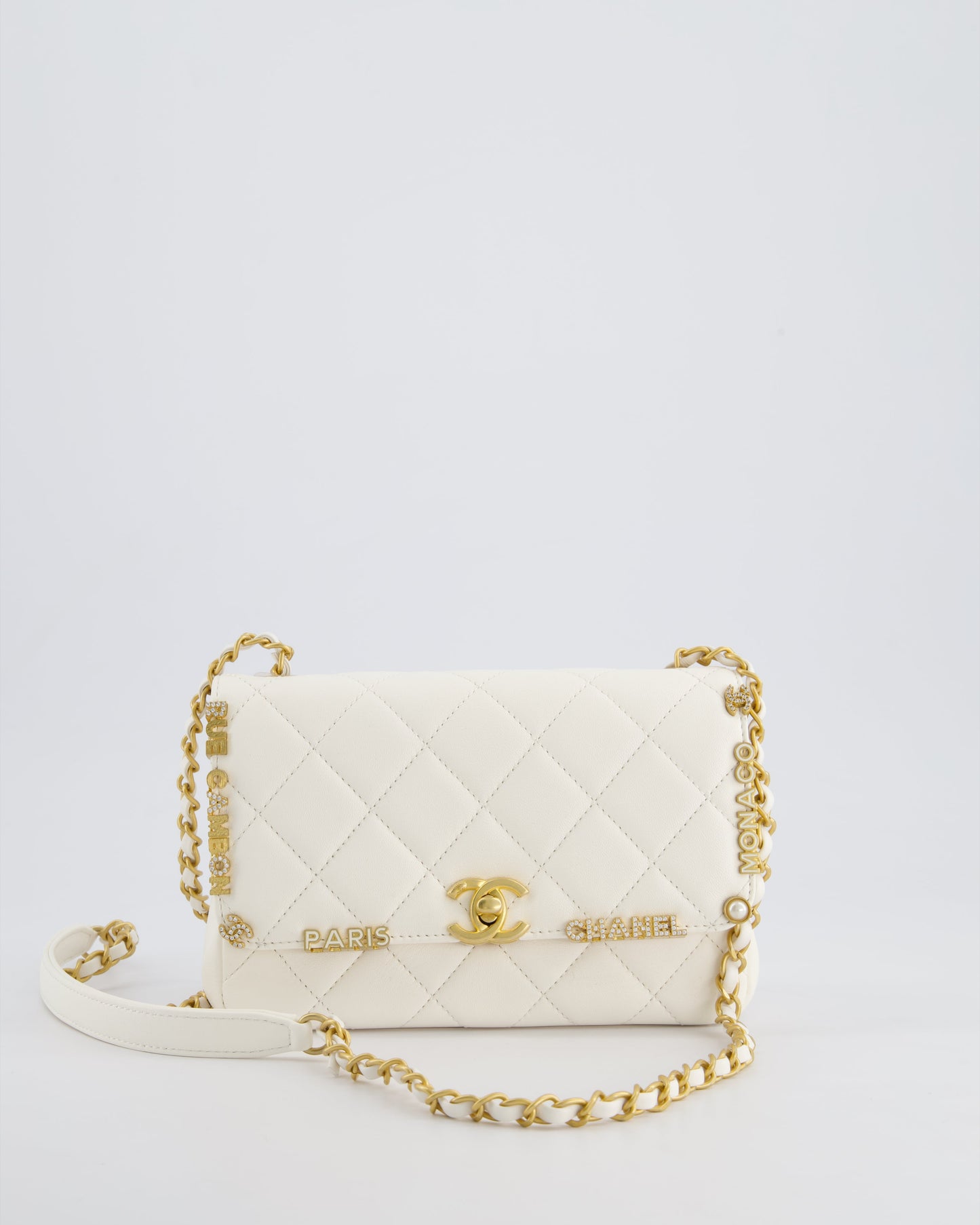 *LIMITED EDITION* Chanel White Paris Monaco Mini Single Flap Bag with Black Interior, Crystal Details and Brushed Gold Hardware