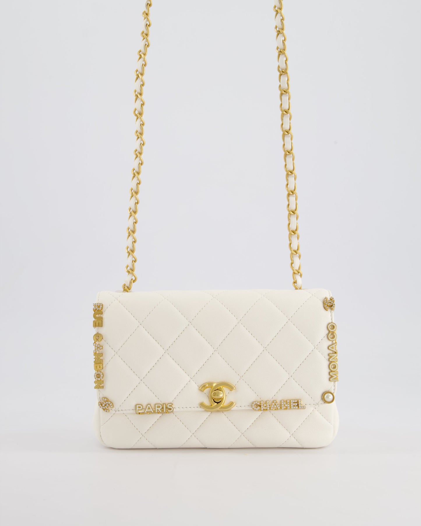 *LIMITED EDITION* Chanel White Paris Monaco Mini Single Flap Bag with Black Interior, Crystal Details and Brushed Gold Hardware