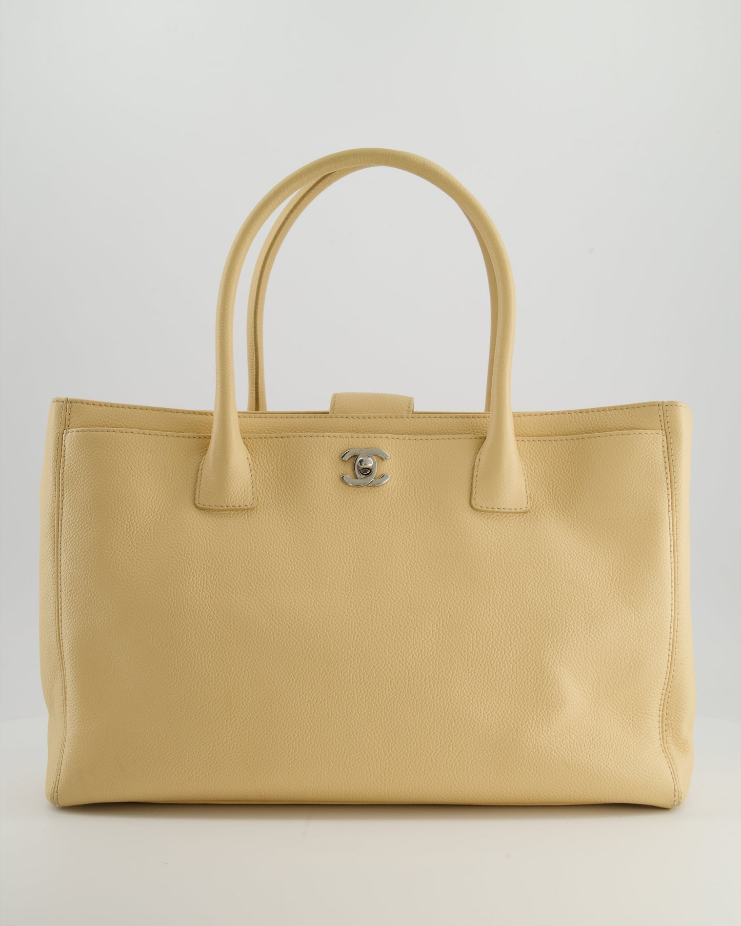 Chanel Vintage Beige Executive Tote Bag in Calfskin Leather with Silver Hardware