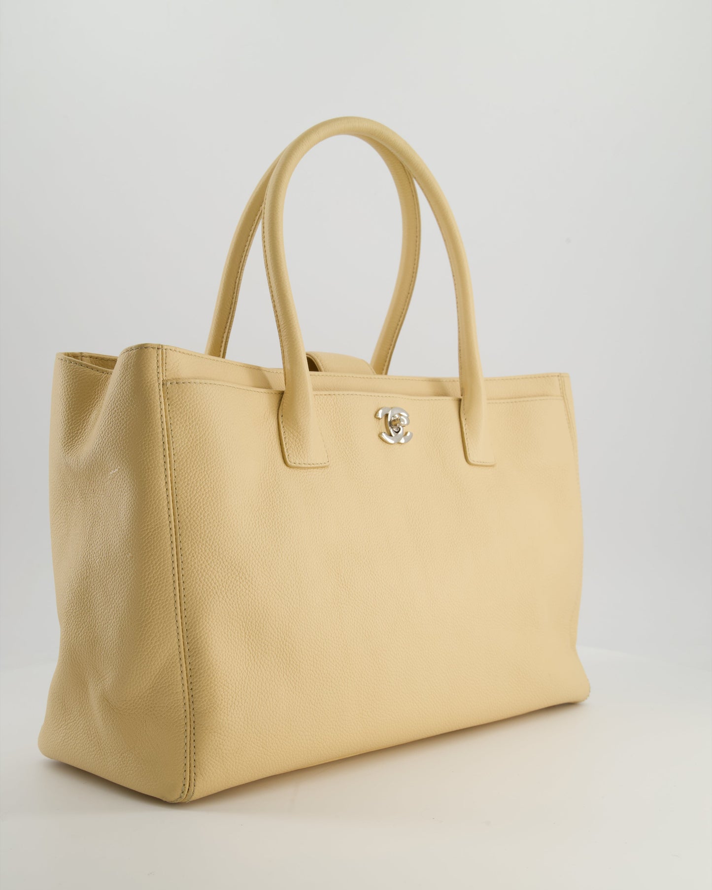 Chanel Vintage Beige Executive Tote Bag in Calfskin Leather with Silver Hardware