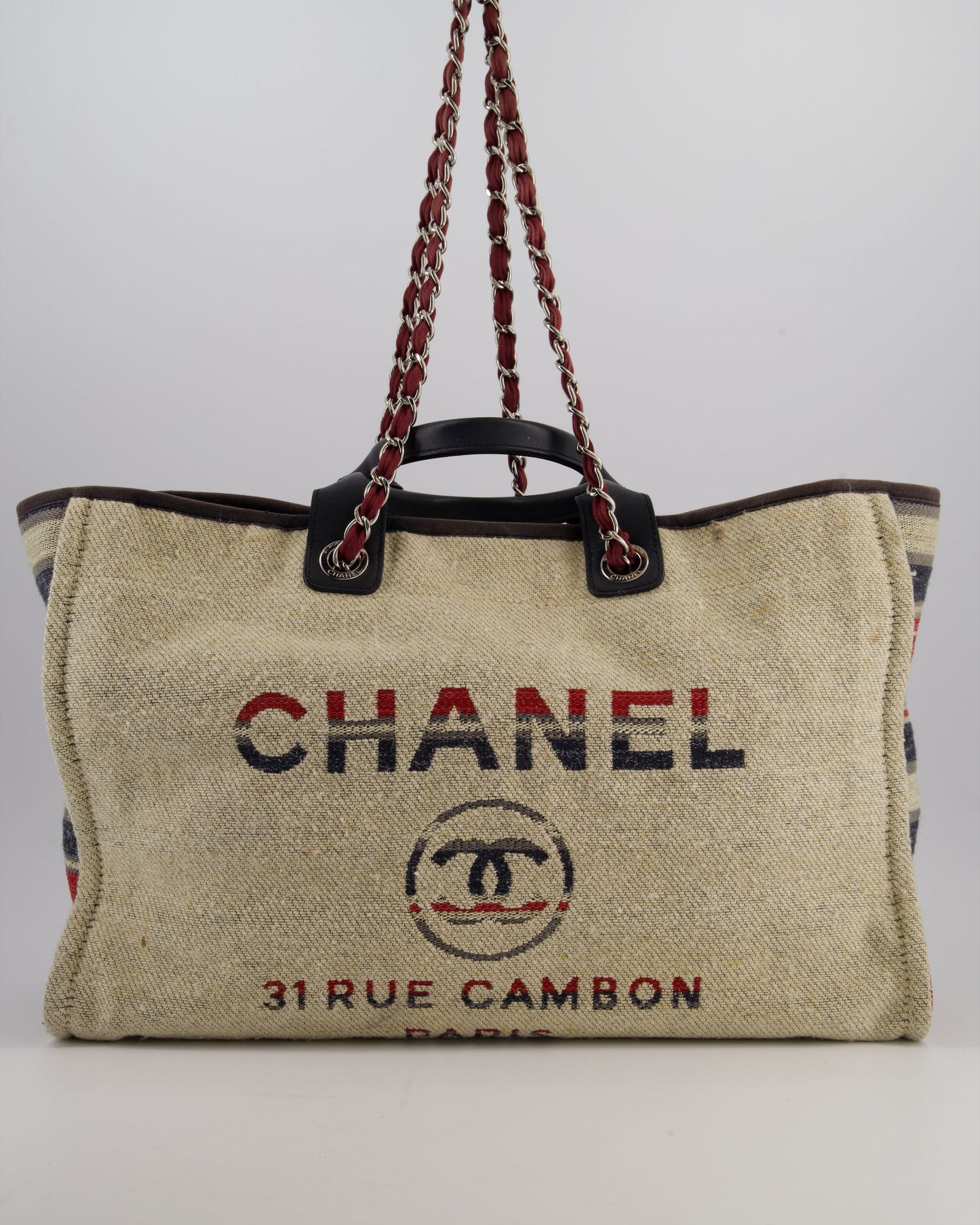 Chanel Blue and Red Medium Deauville Tote with Stripe Detail and Silver Hardware