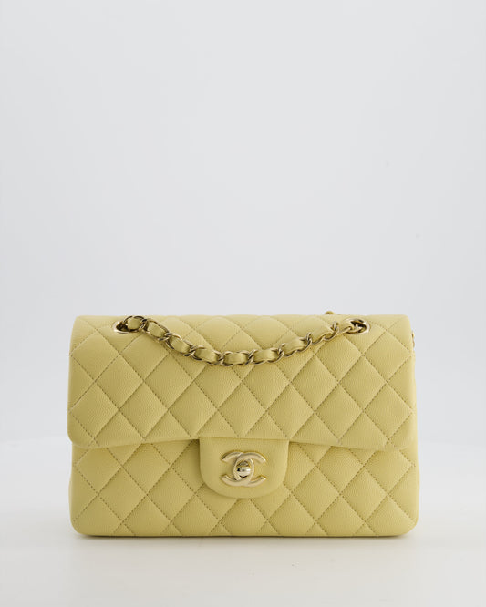 *RARE COLOUR* Chanel Small Classic Double Flap Bag in Butter Yellow Caviar Leather with Champagne Gold Hardware