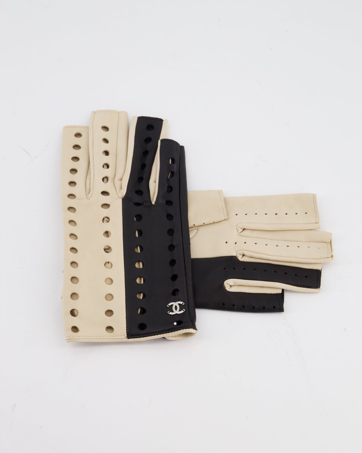 Chanel Black and Beige Perforated Fingerless Leather Gloves Size 7.5