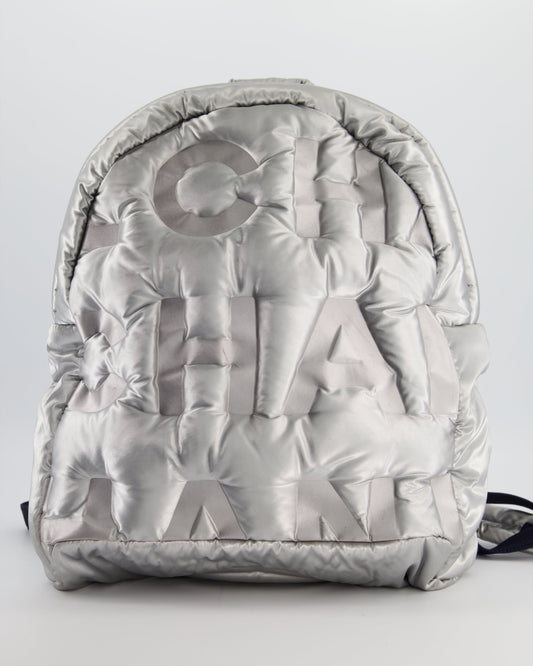 Chanel Silver Doudoune Backpack with Embossed Logo in Silver Nylon with Silver Hardware