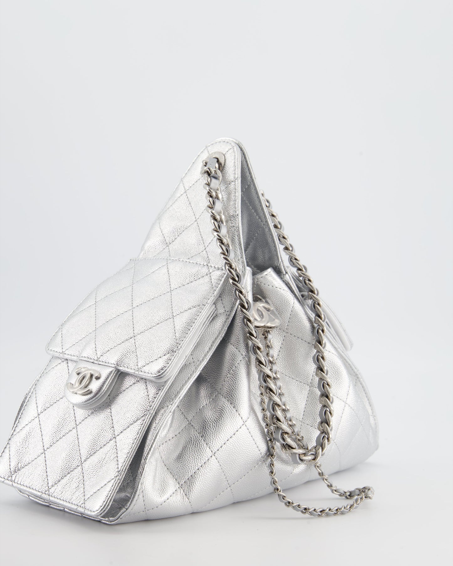 *RARE* Chanel Silver Caviar Leather Small 25 Handbag with Silver Hardware