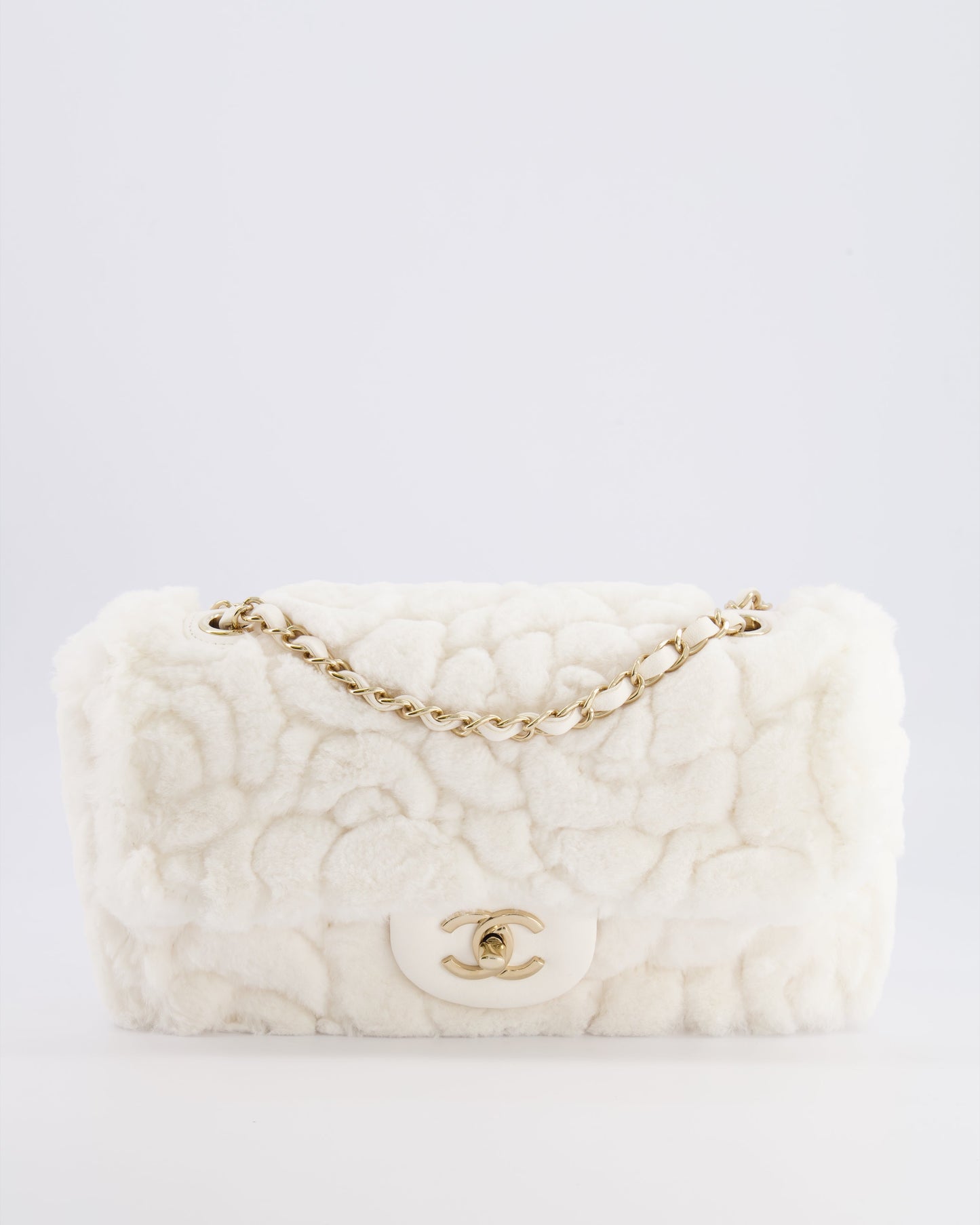 *RARE* Chanel White Rabbit Fur Classic Single Flap Bag with Camelia Flower Motif and Champagne Gold Hardware