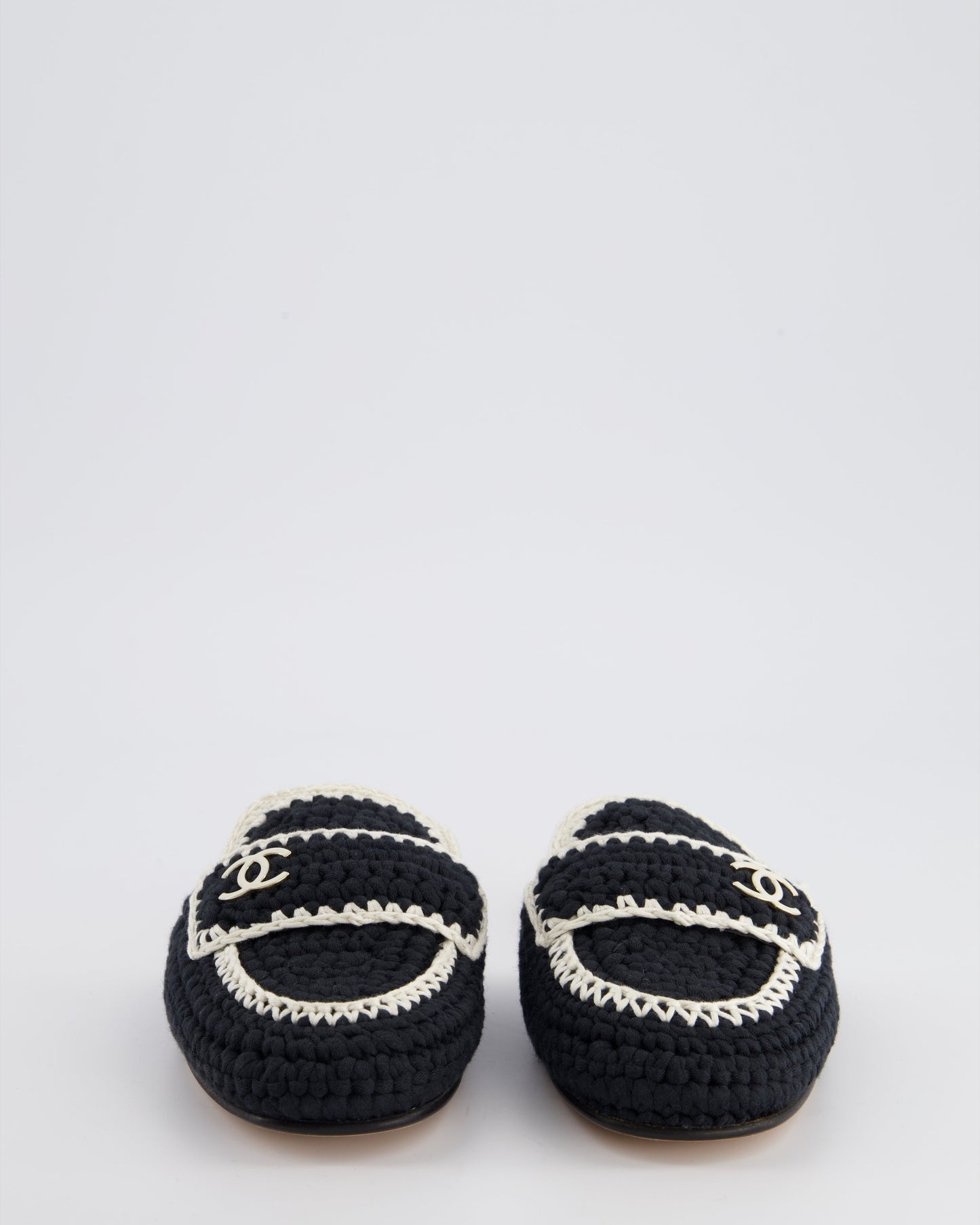 Chanel 23S Navy & Cream Crochet Mules with Patent CC Logo Detail Size EU 35
