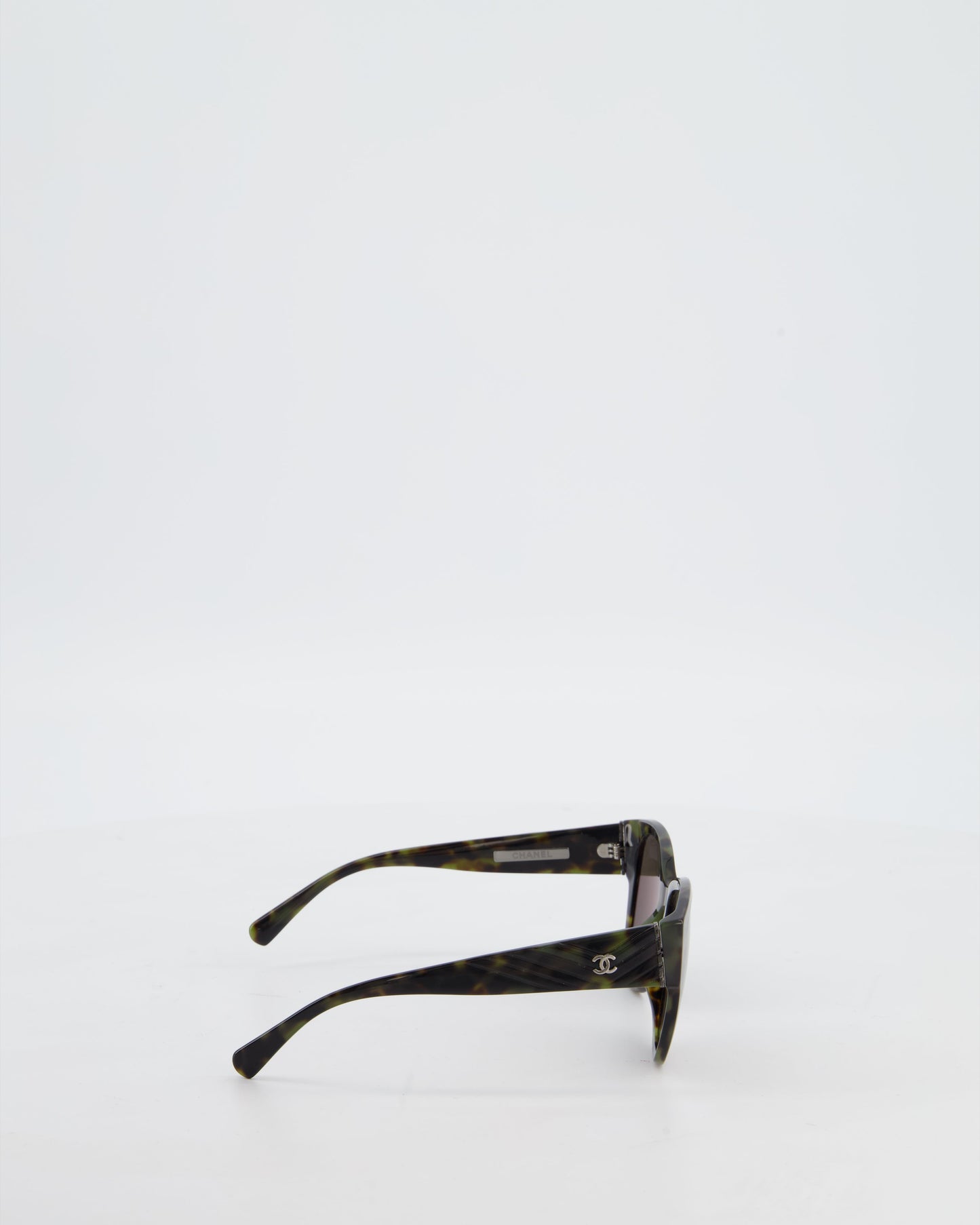Chanel Dark Green and Brown Marble Butterfly Sunglasses with CC Logo Detail and Silver Hardware