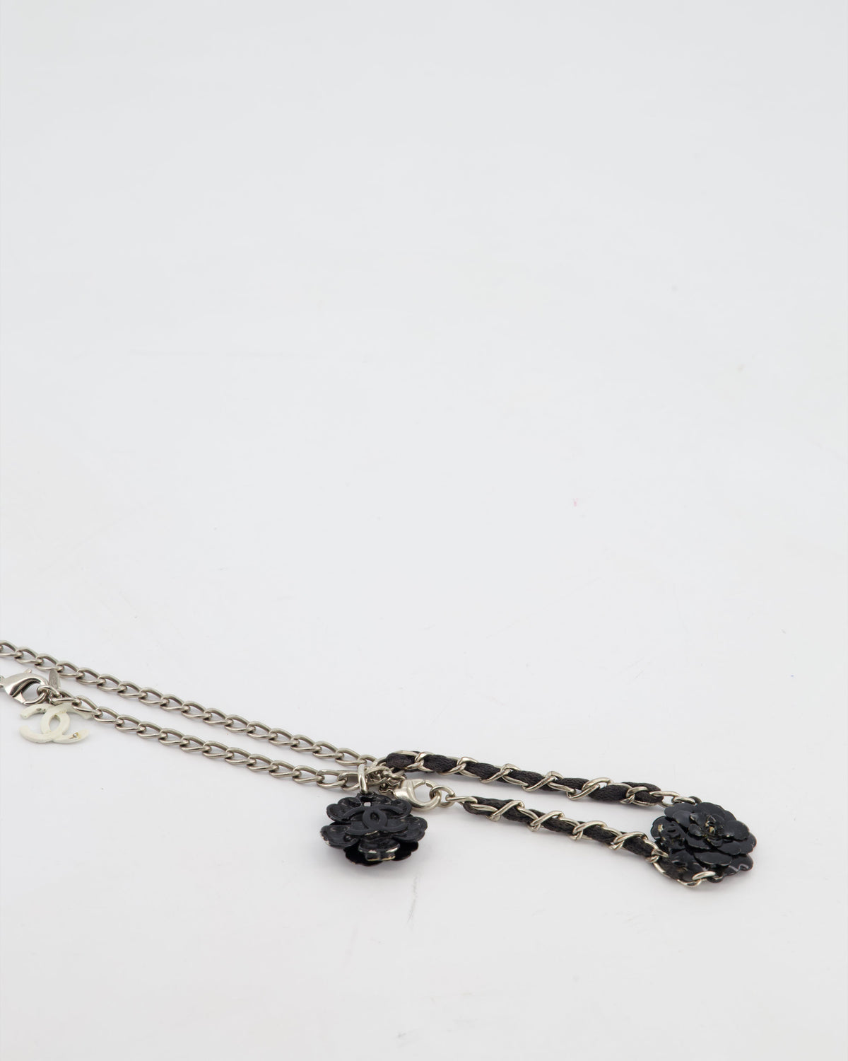 Chanel Set Silver Chain Necklace with Camellia Pendant and Silver and Black Camellia Bracelet