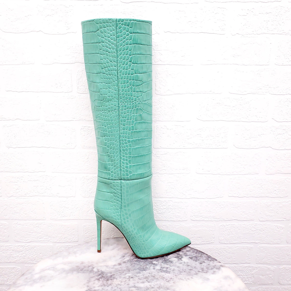 PARIS TEXAS MINT CROCODILE PRINT LEATHER BOOTS - SIZE 37.5