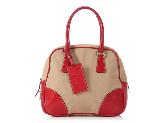 Prada Beige Canvas and Red Leather Bowling Bag