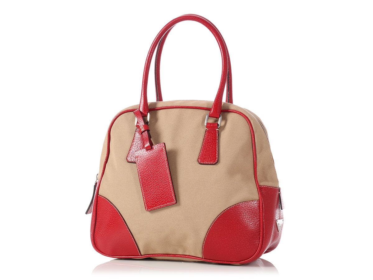 Prada Beige Canvas and Red Leather Bowling Bag