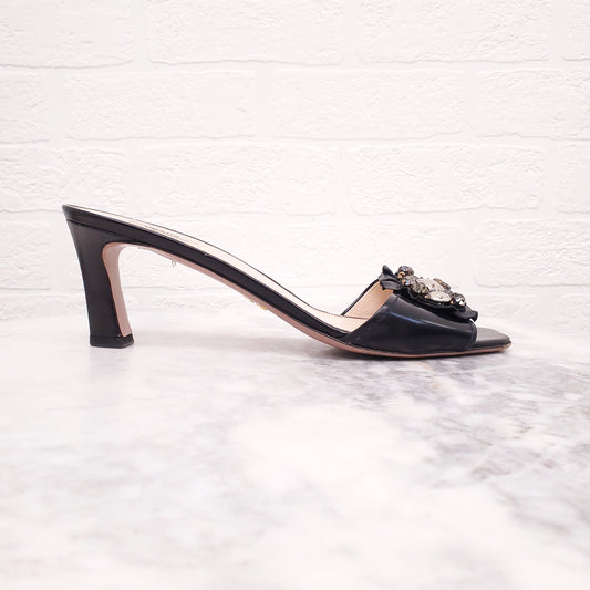 PRADA BLACK KITTEN SANDALS WITH CRYSTAL EMBLEM - SIZE 39