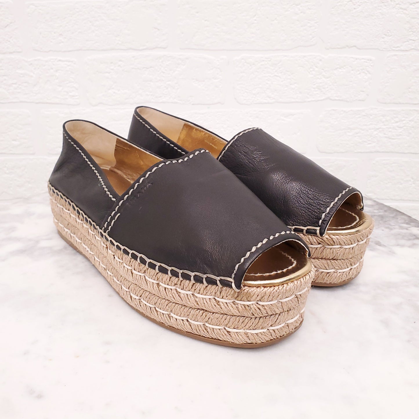PRADA BLACK LEATHER PLATFORM ESPADRILLES - SIZE 40