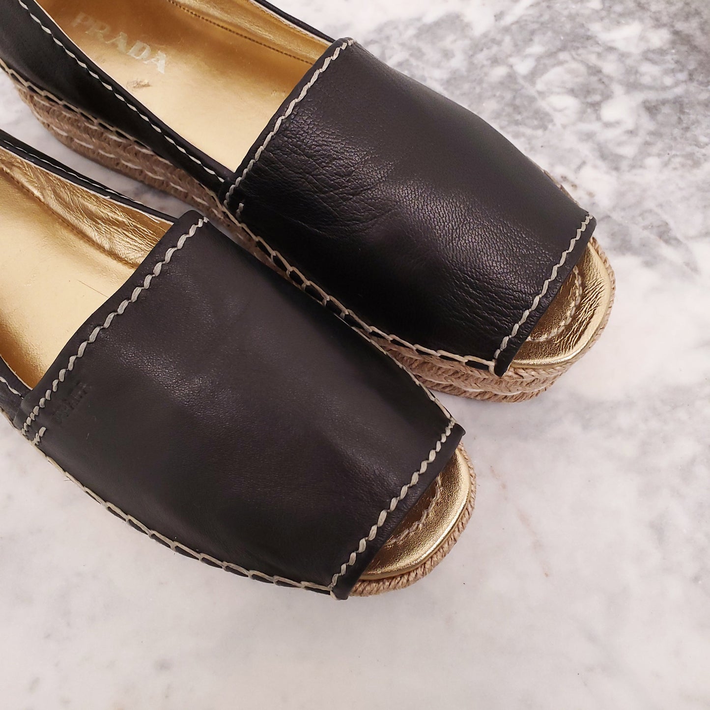 PRADA BLACK LEATHER PLATFORM ESPADRILLES - SIZE 40