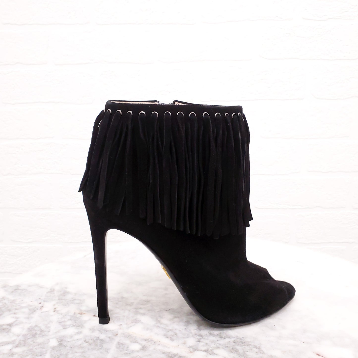 PRADA BLACK SUEDE FRINGE BOOTIES - SIZE 38
