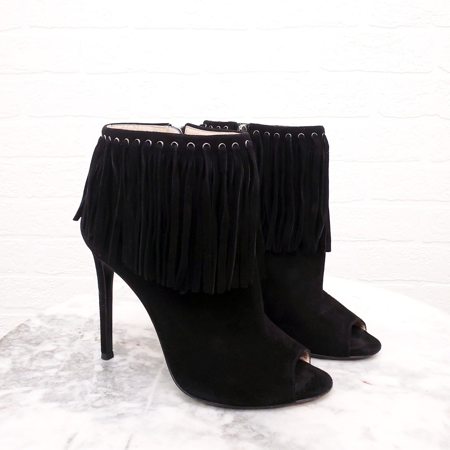 PRADA BLACK SUEDE FRINGE BOOTIES - SIZE 38
