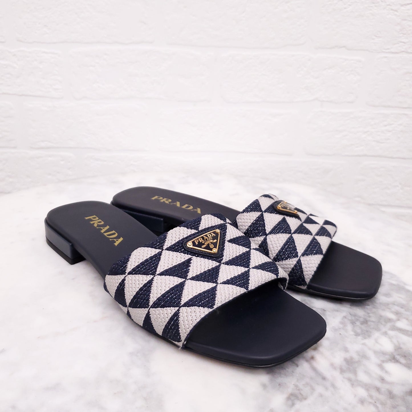 PRADA WOVEN LOGO SLIDES - SIZE 37