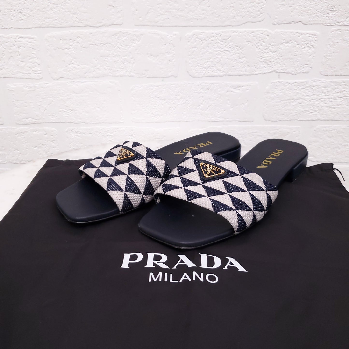 PRADA WOVEN LOGO SLIDES - SIZE 37