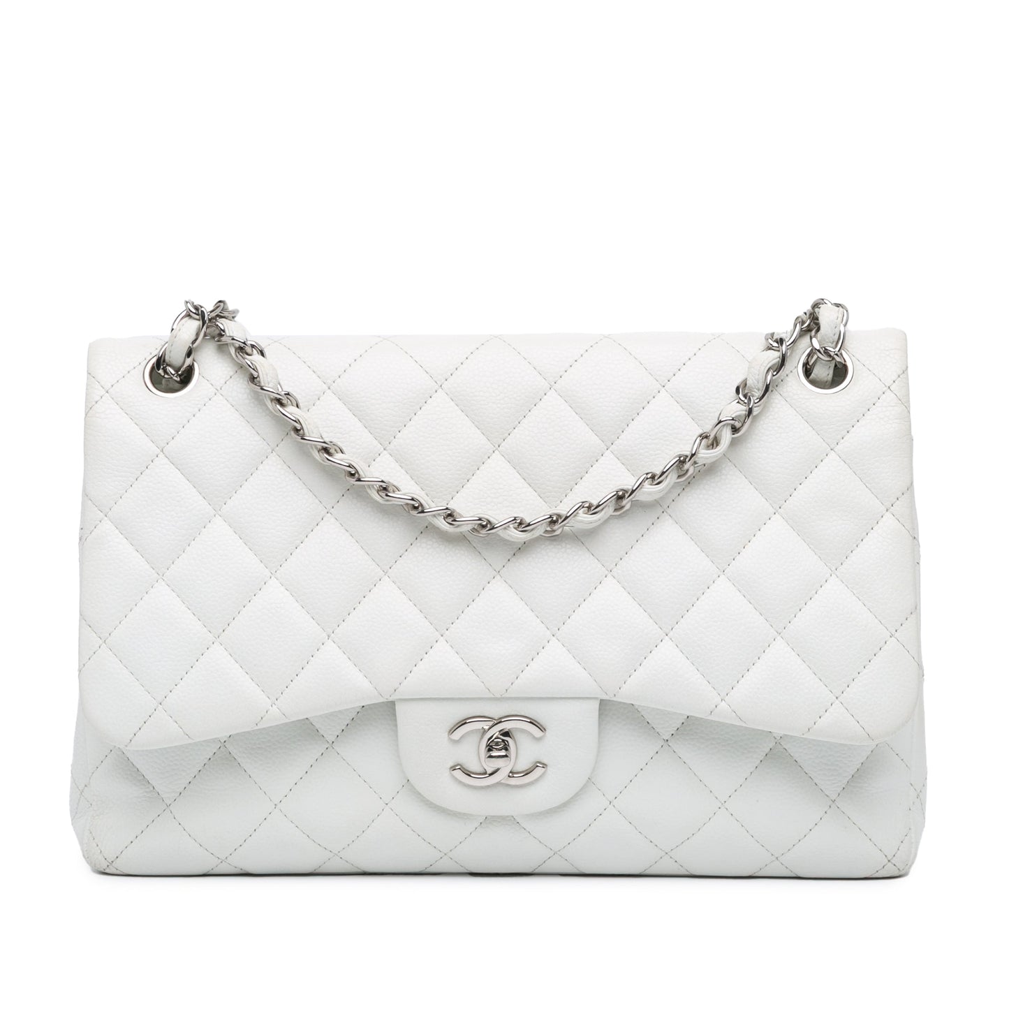 White Chanel Jumbo Classic Caviar Double Flap Shoulder Bag