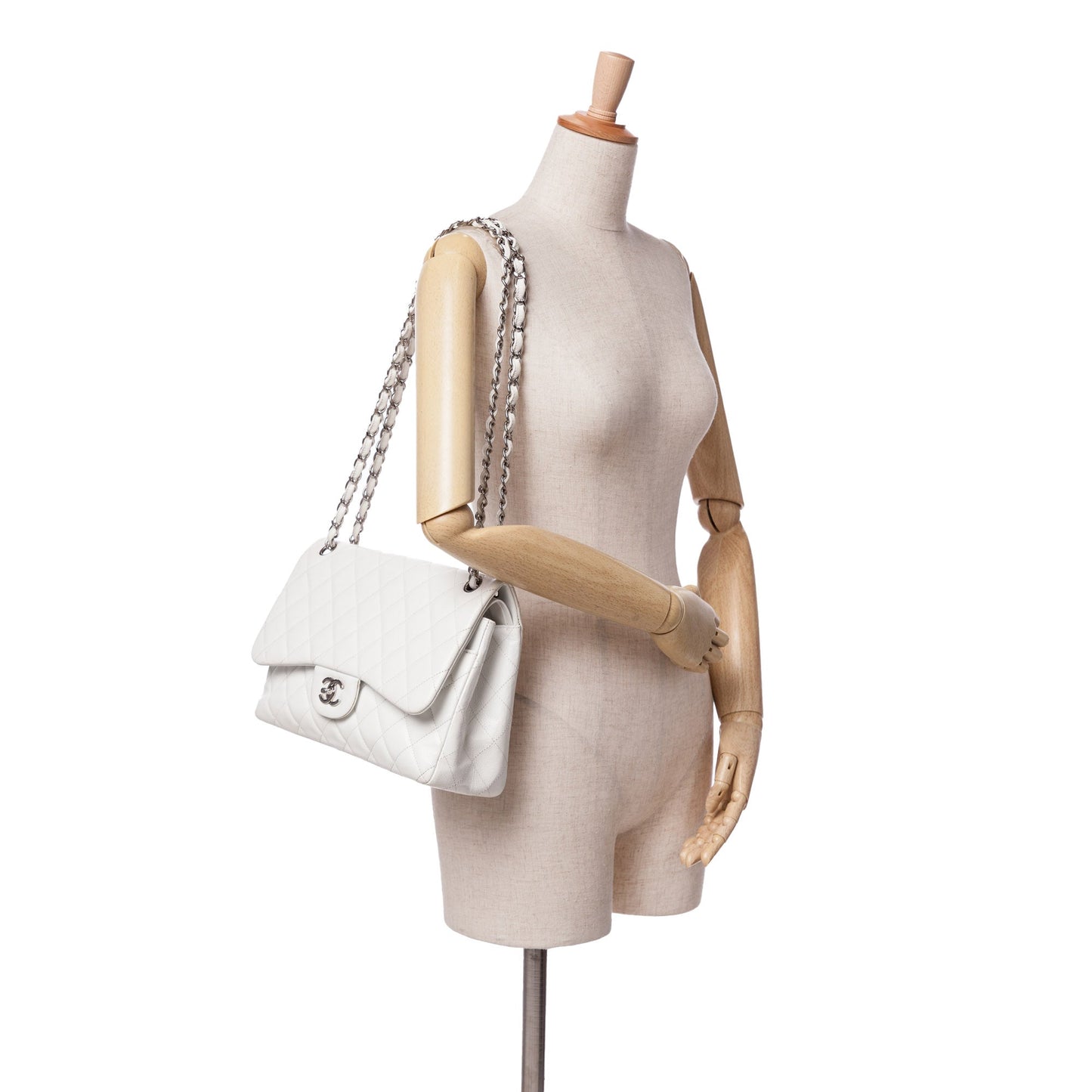 White Chanel Jumbo Classic Caviar Double Flap Shoulder Bag