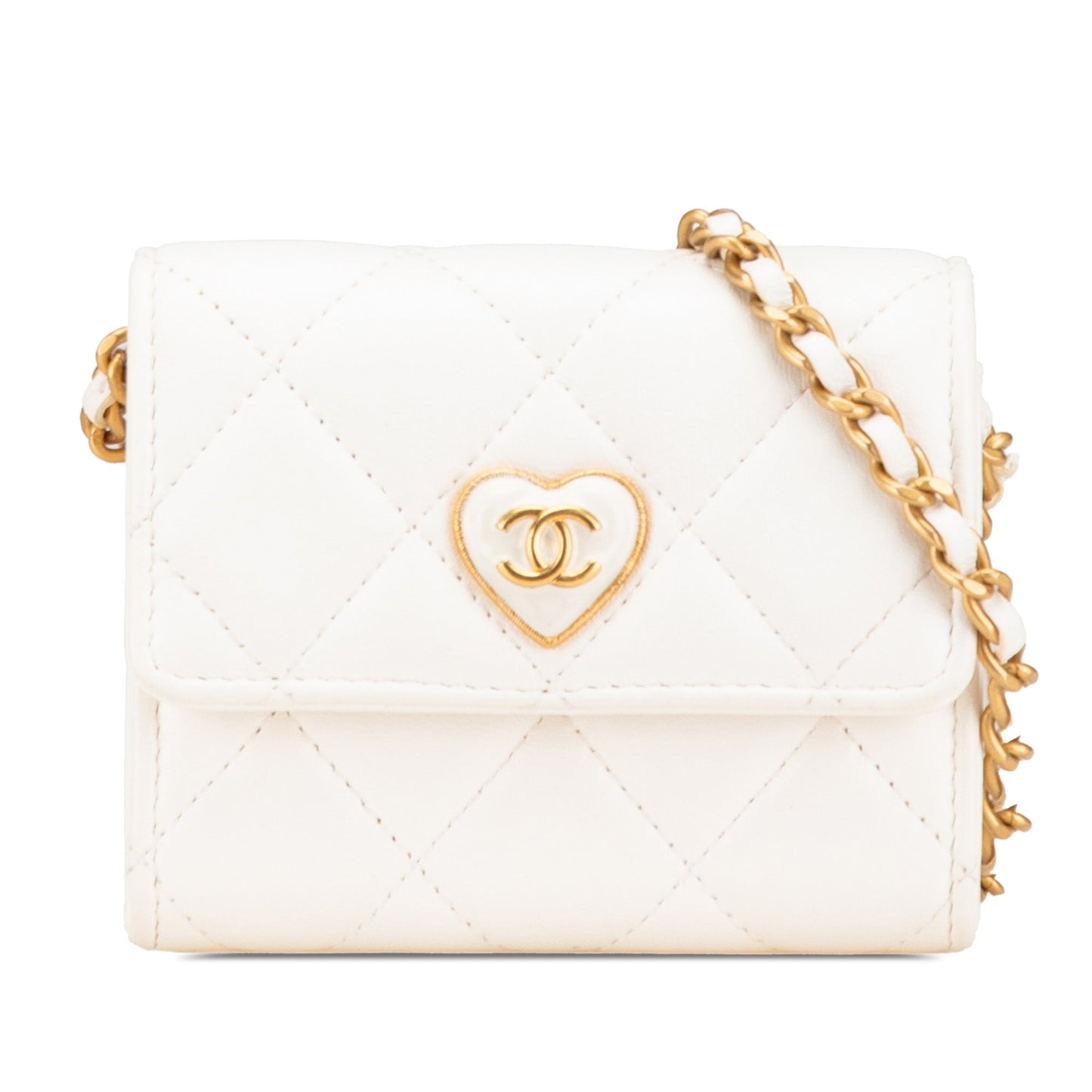White Chanel Quilted Lambskin Coco Love Card Holder On Chain Crossbody Bag
