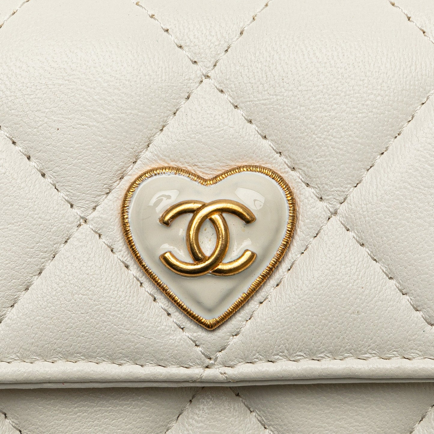 White Chanel Quilted Lambskin Coco Love Card Holder On Chain Crossbody Bag