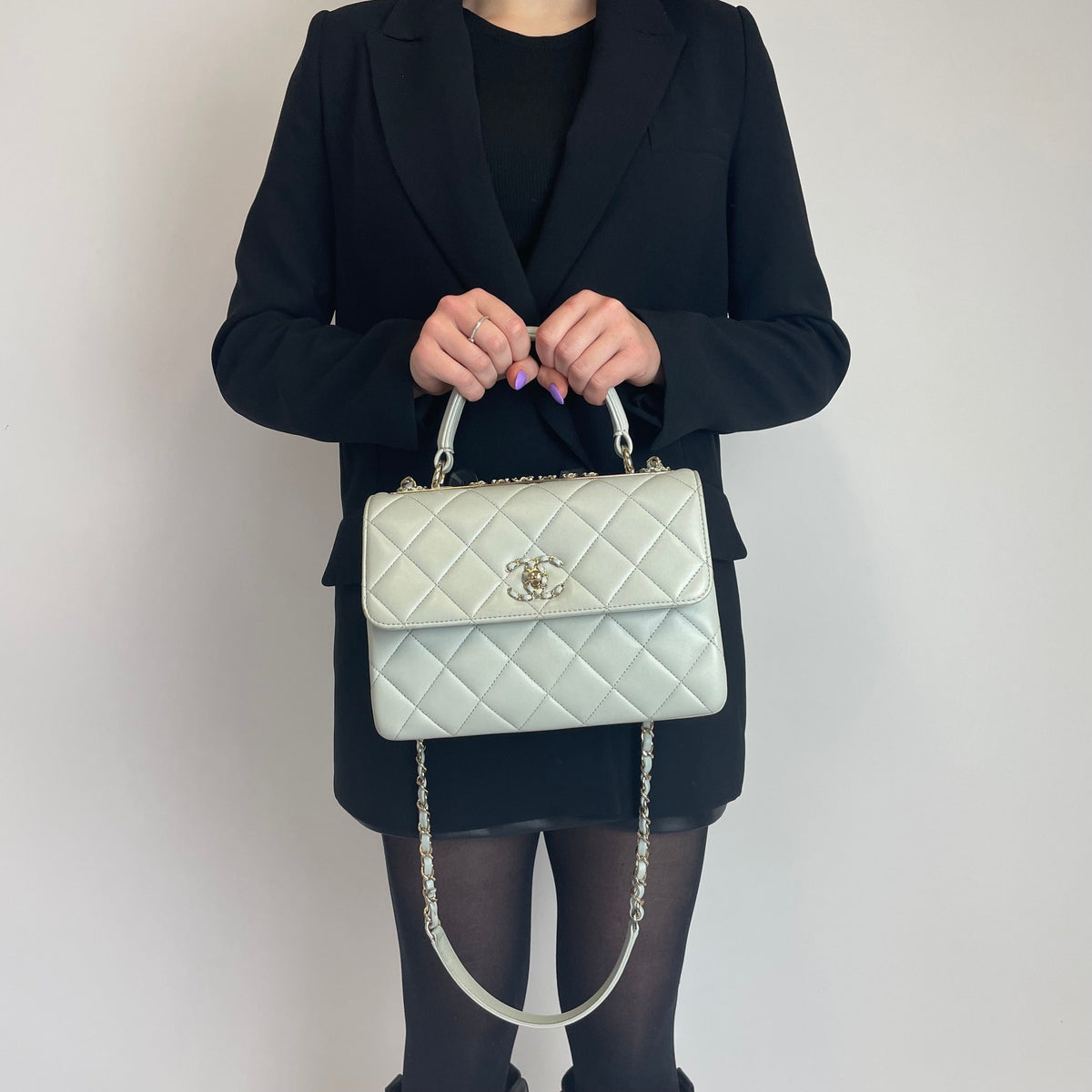 Chanel Pale Blue Lambskin Chain Detail Logo Small Trendy CC 2023
