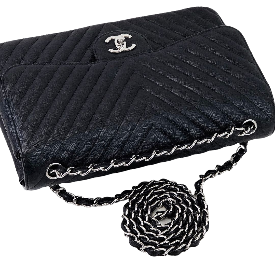 Jumbo Classic Flap Caviar Black Chevron SHW