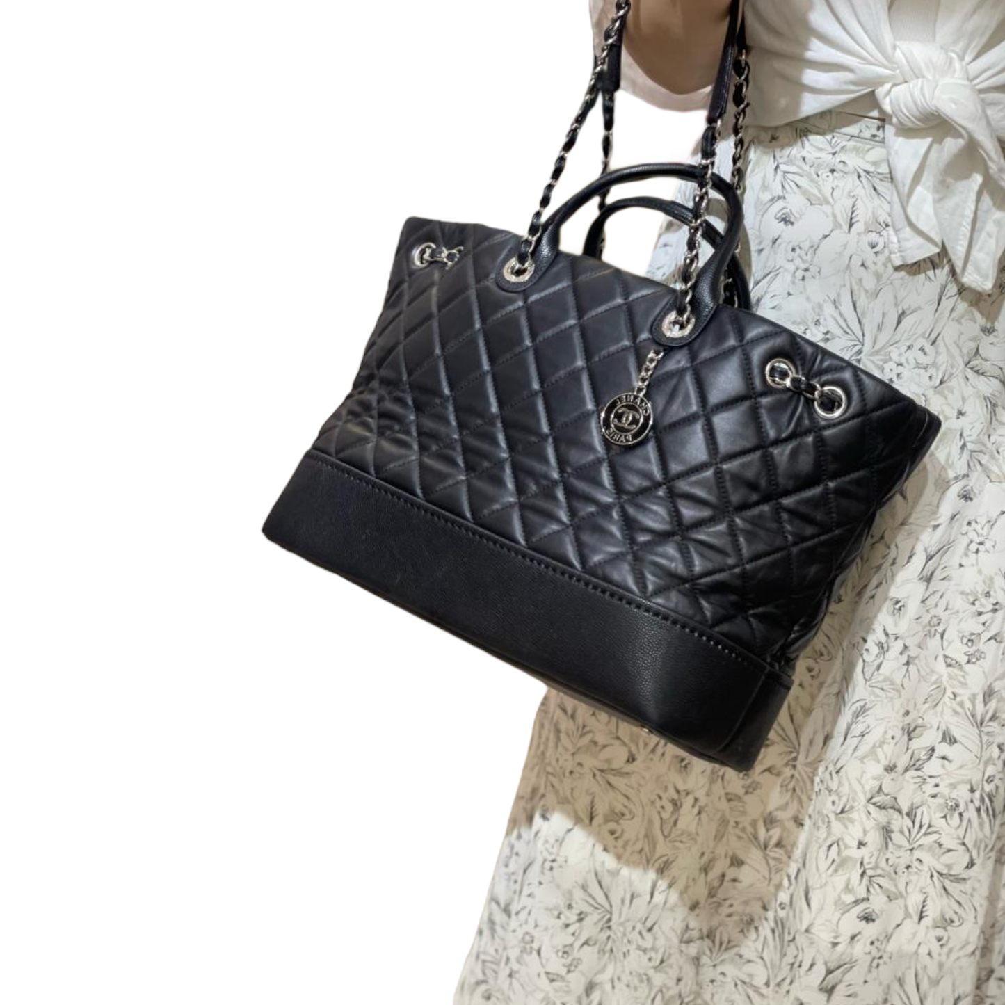 Large Drawstring Shopping Tote Quilted Calfskin and Caviar Black GHW