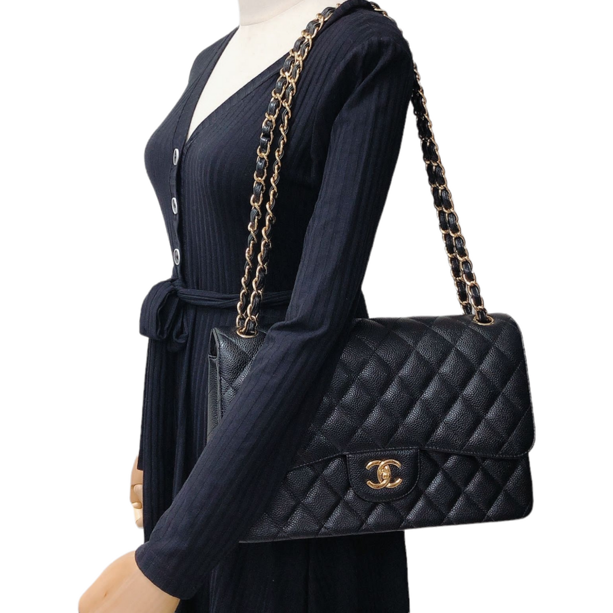Jumbo Double Flap Caviar Black GHW