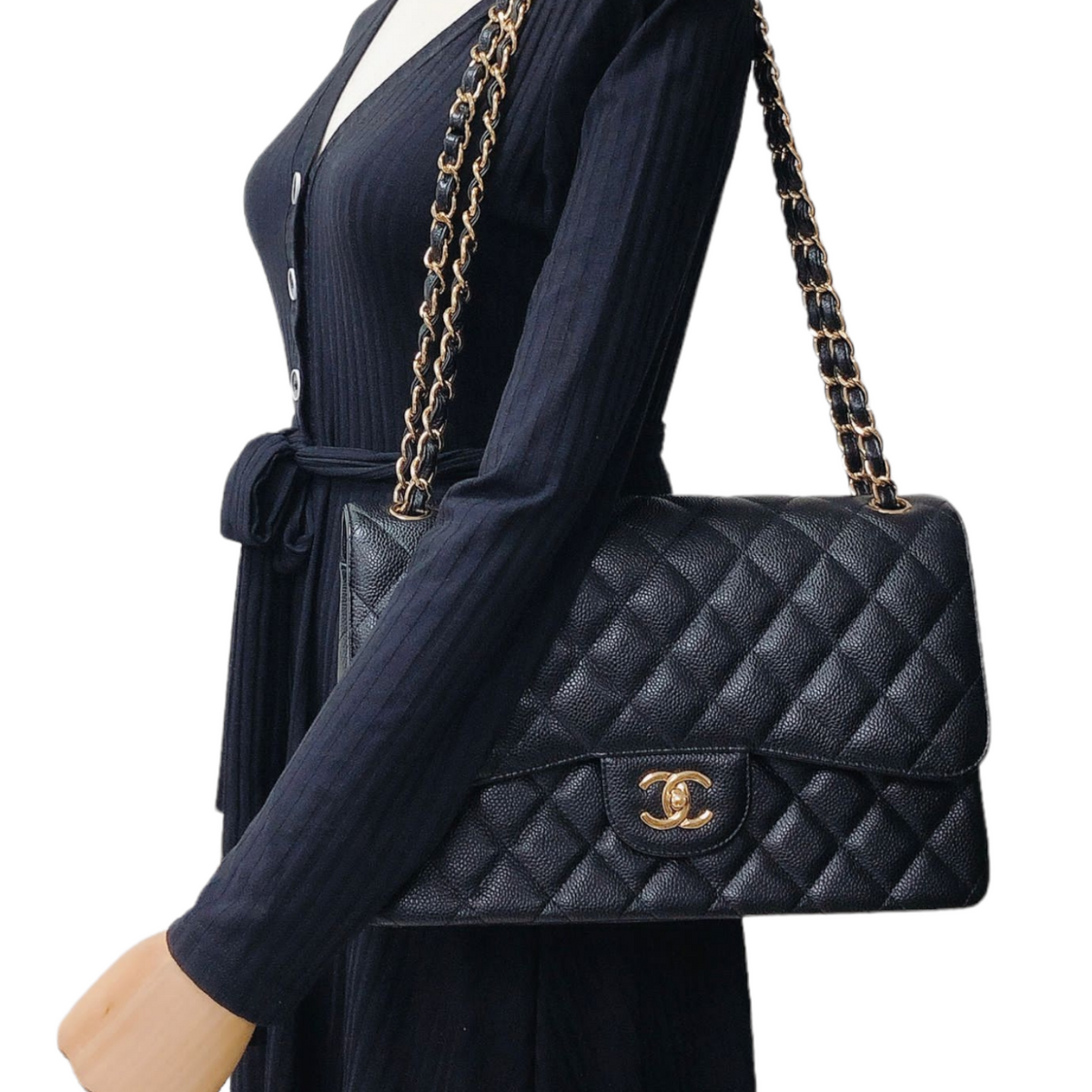 Jumbo Double Flap Caviar Black GHW