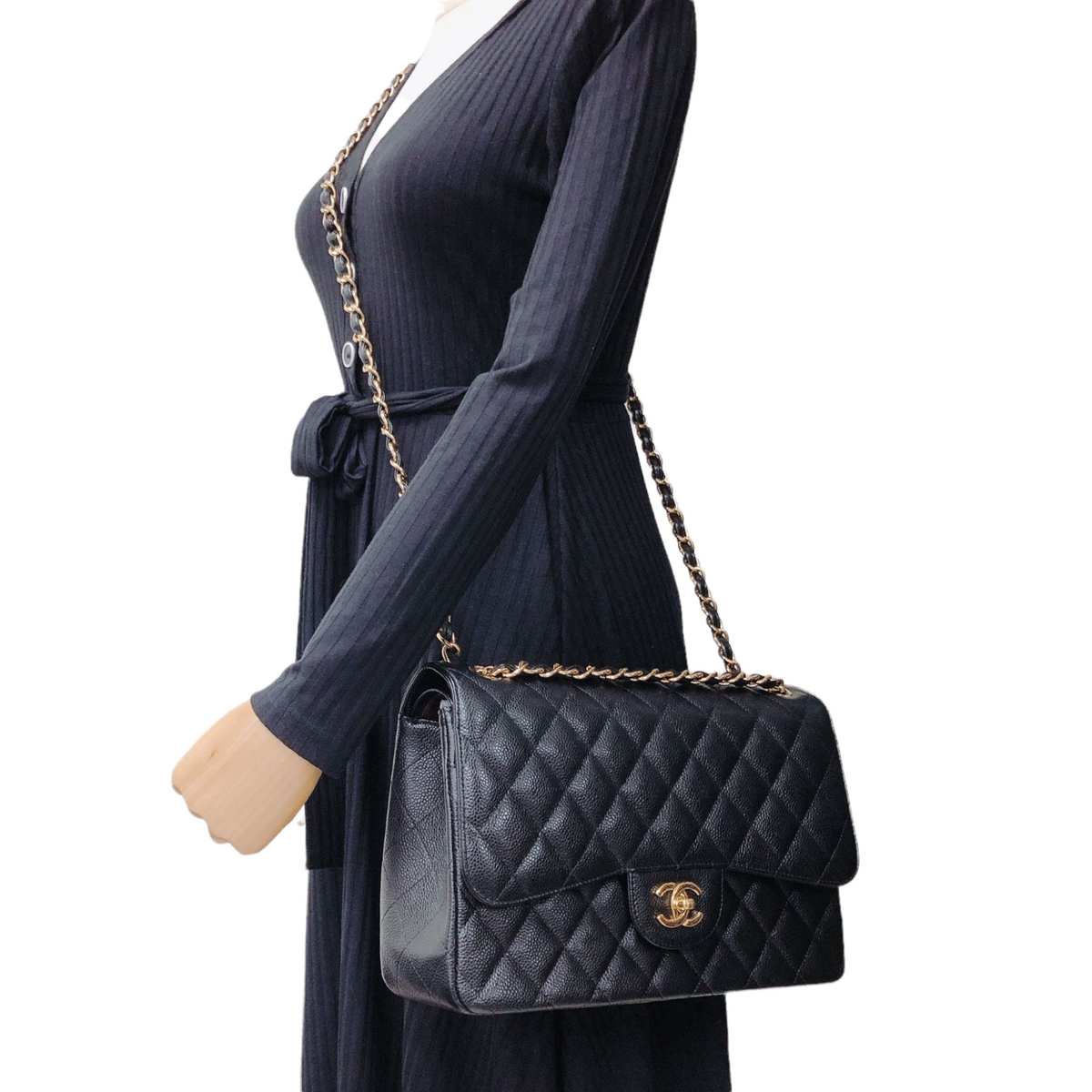 Jumbo Double Flap Caviar Black GHW
