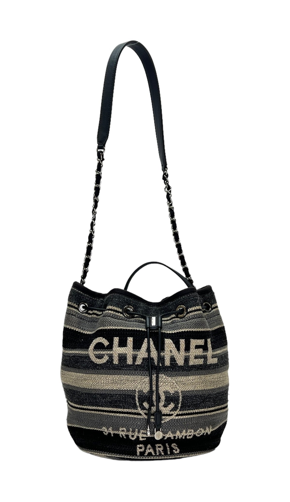 Deauville Drawstring Grey Bucket Bag in Canvas, Silver hardware