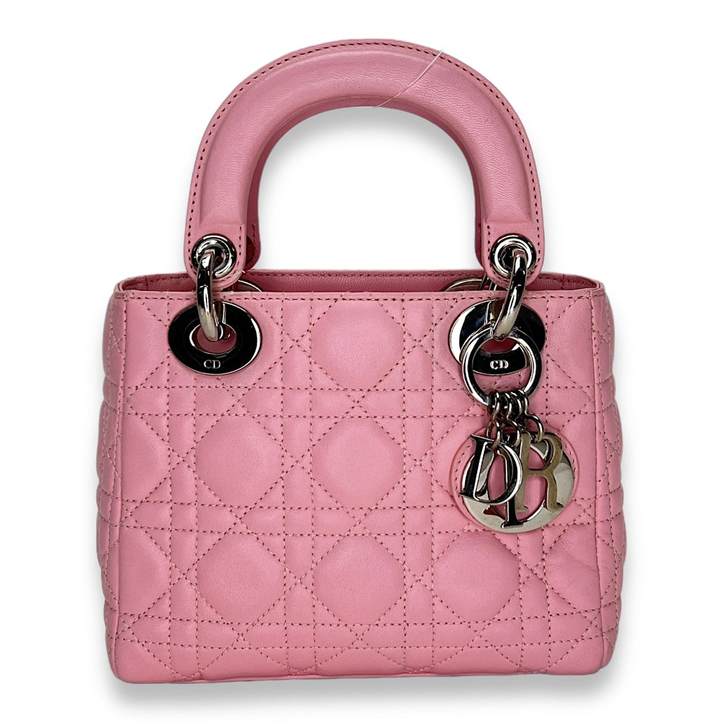 Lady Dior Mini Pink Top Handle Bag in Calfskin, Silver hardware