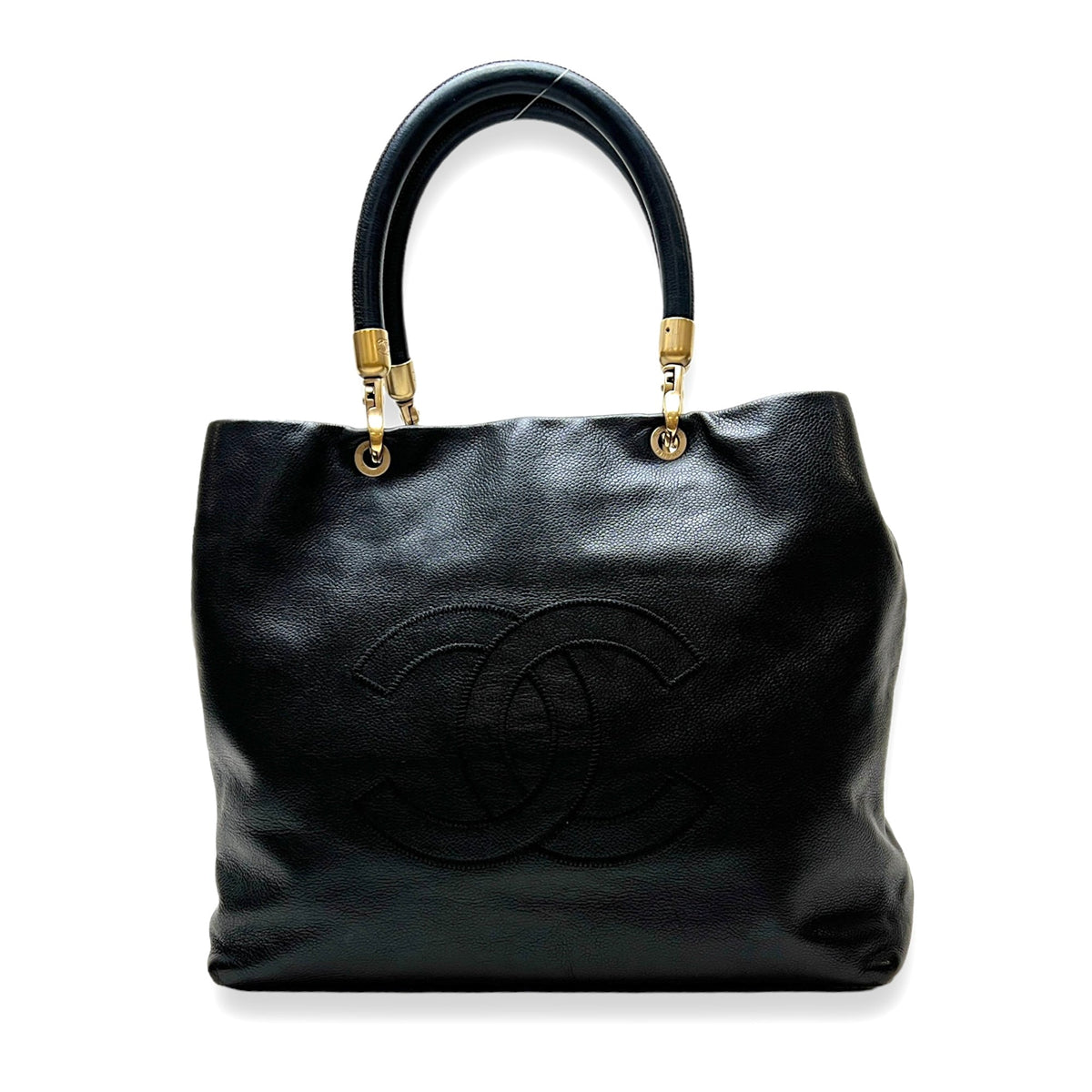 CC Black Top Handle Bag in Caviar Leather, Gold hardware