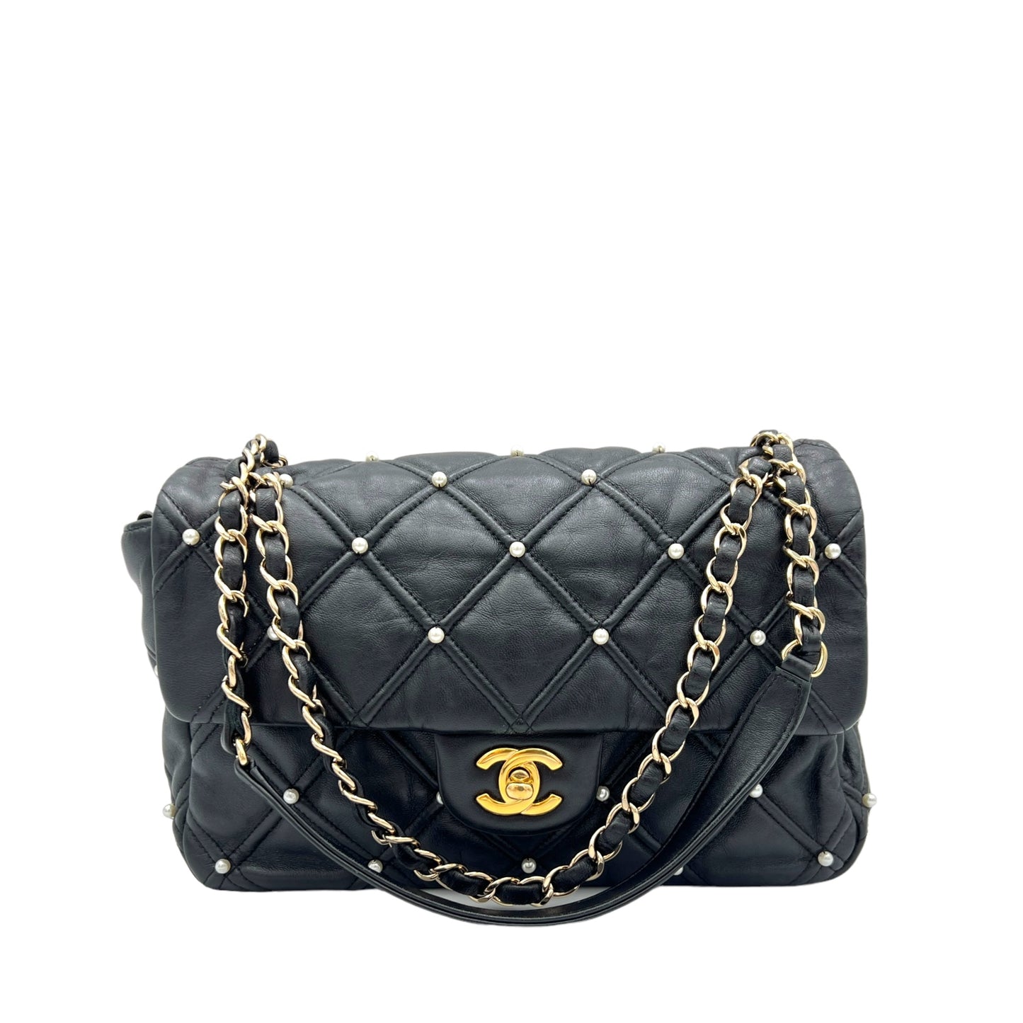 Pearl studded flap Medium Black Crossbody Bag in Calfskin, Gold hardware