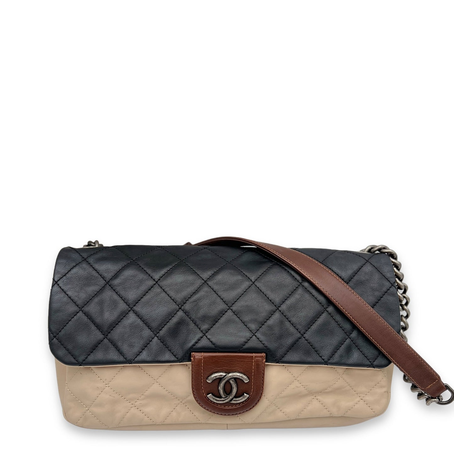 Flap Navy, Beige and Brown Crossbody Bag in Calfskin, Ruthenium hardware