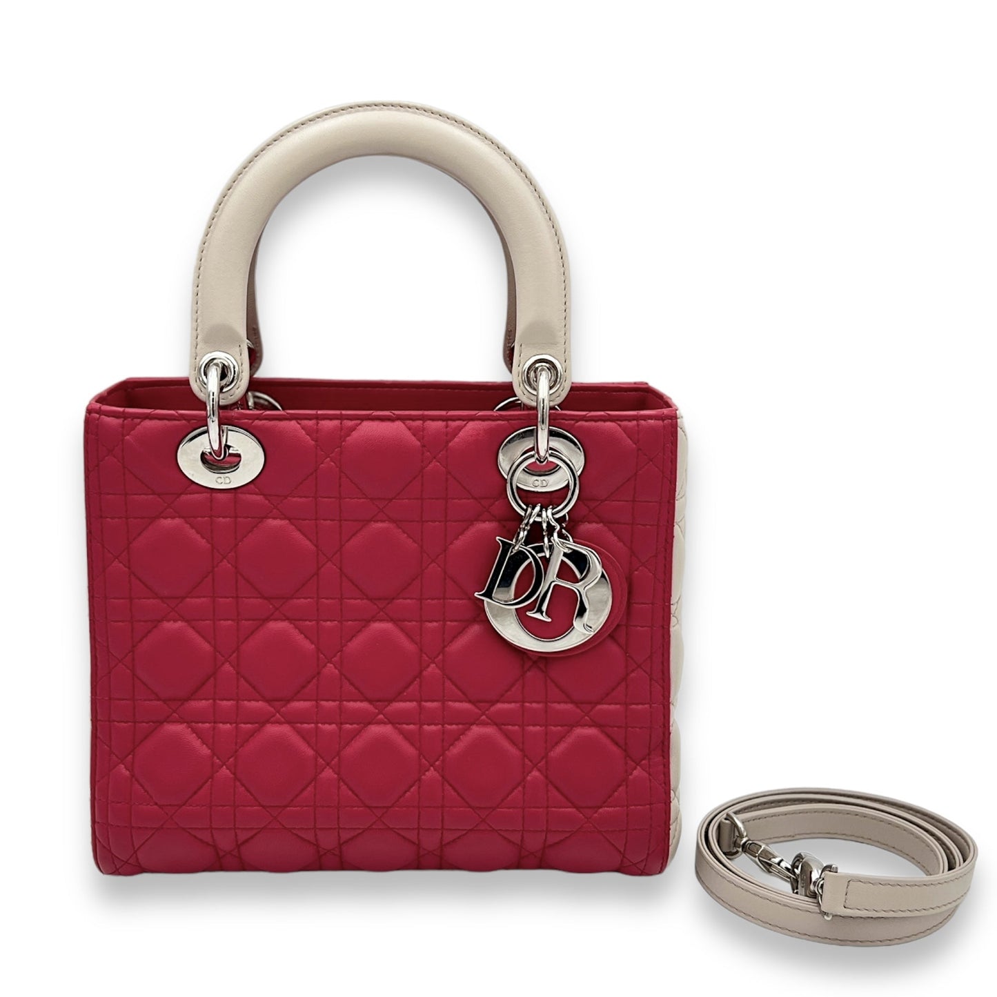 Lady Dior Medium Pink Top Handle Bag in Lambskin, Silver hardware