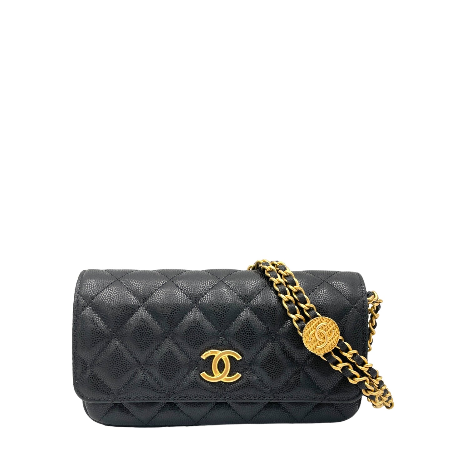 Twist Your Buttons Black Wallet On Chain in Caviar Leather, Gold hardware